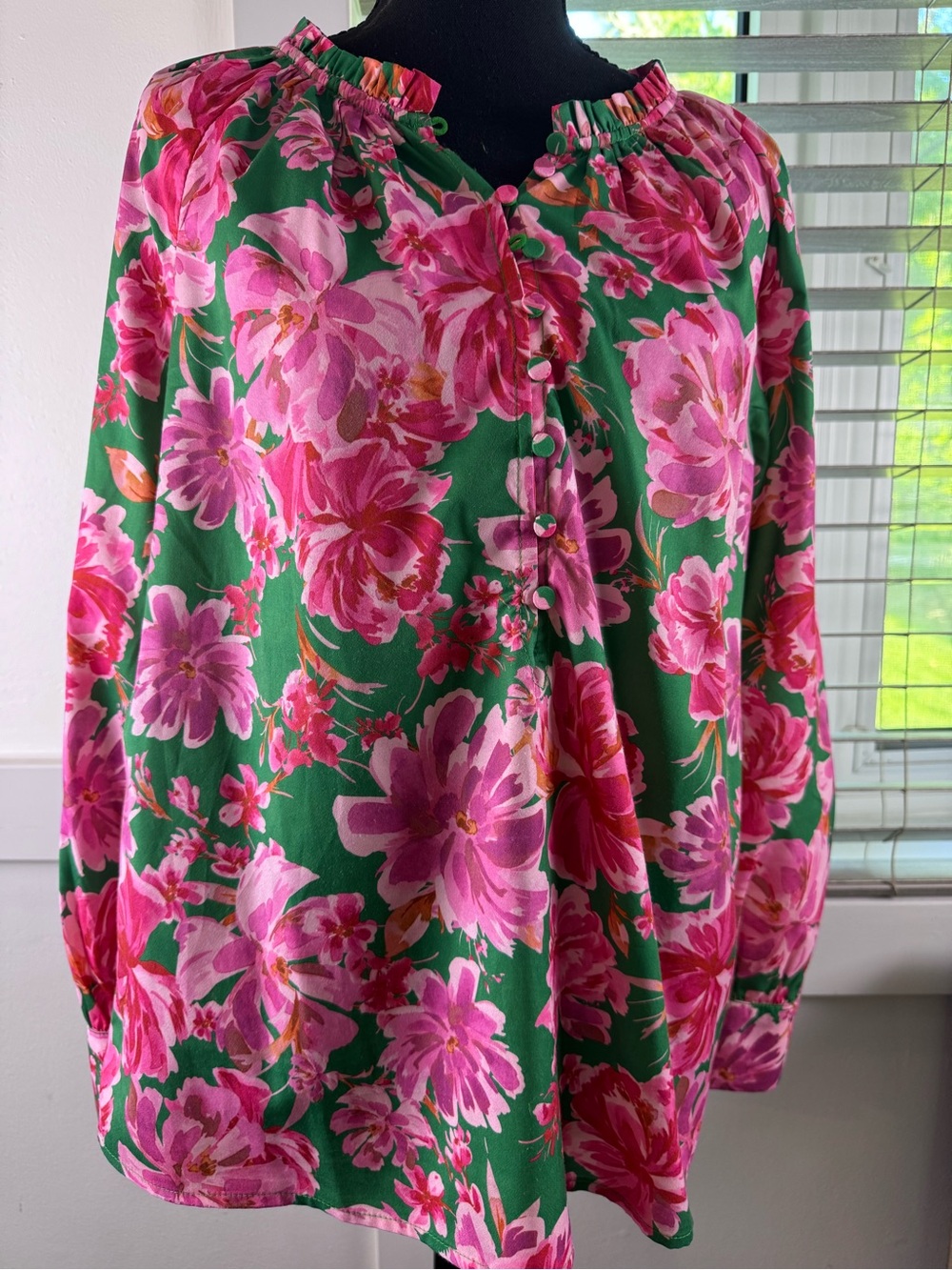 Greylin Pink & Green Floral Elastic Neck Blouse